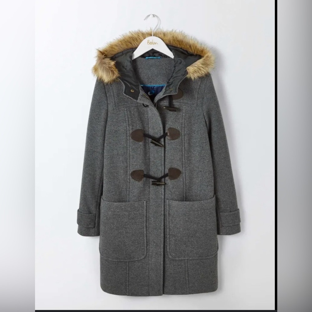 Boden Wool Cashmere Duffle Pea Coat 4 Grey Faux Fur Hood Toggle Preppy Winter